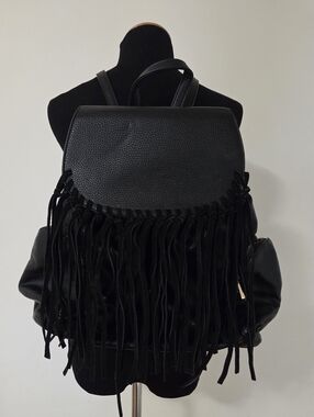 Lionel Black Fringe Pebbled Leather Bohemian Backpack
